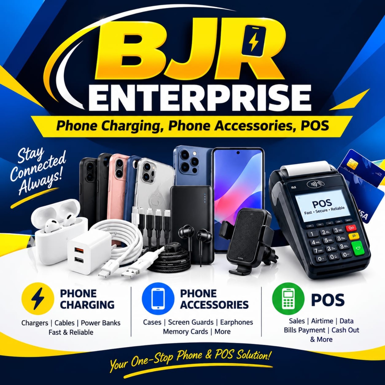 Joshua’s BJR Enterprise phone charging, phone accessories and POS artwork